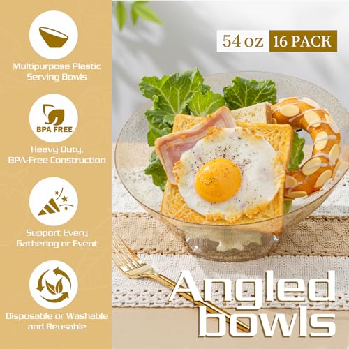 Liacere 16PCS Gold Plastic Serving Bowls - 54 OZ Angled Table Salad and Fruit Bowls Disposable for Chip & Candy - Ideal for Party & New Year - My Kitchen Products