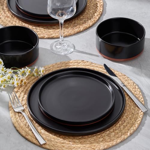 LIANYU 12 Pieces Porcelain Dinnerware Sets, Premium Plates and Bowls Set, High-Fired Ceramic Dishes Set for 4, Chip & Scratch Resistant, Microwave Dishwasher Safe, Charcoal Black - My Kitchen Products