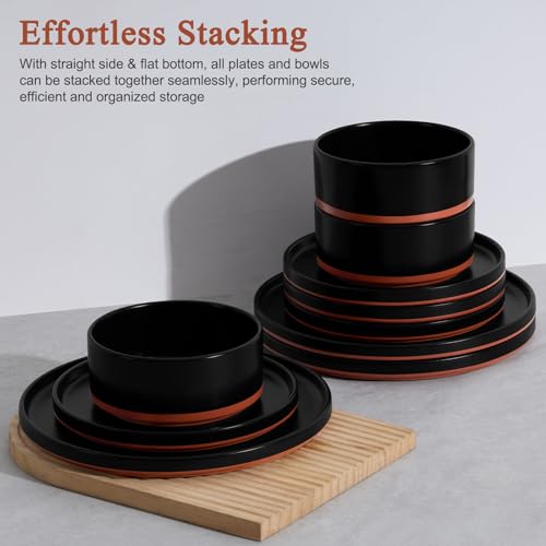 LIANYU 12 Pieces Porcelain Dinnerware Sets, Premium Plates and Bowls Set, High-Fired Ceramic Dishes Set for 4, Chip & Scratch Resistant, Microwave Dishwasher Safe, Charcoal Black - My Kitchen Products