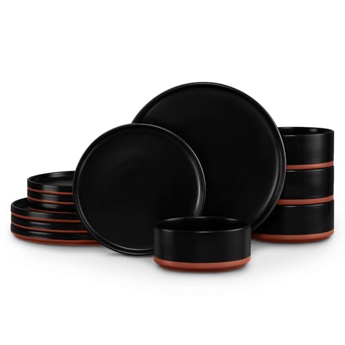 LIANYU 12 Pieces Porcelain Dinnerware Sets, Premium Plates and Bowls Set, High-Fired Ceramic Dishes Set for 4, Chip & Scratch Resistant, Microwave Dishwasher Safe, Charcoal Black - My Kitchen Products
