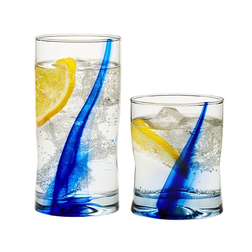 Libbey Blue Ribbon 16 Piece Tumbler and Rocks Glass Set, Infused Blue Ribbon Drinkware Glasses Set, Artisan Inspired Four-Dimple Shaped Rock Glasses, Dishwasher Safe Tumbler Glasses Set - My Kitchen Products