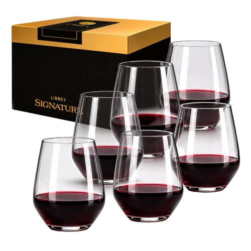 Libbey Signature Greenwich Stemless Wine Glasses Set of 6, Modern Wine Glasses for Red and White