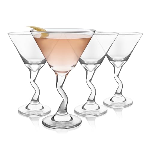 Libbey Z- Stem Martini Glasses Set of 4, Quirky, Twisted Martini Cup Set, Tall Cocktail Glasses Set for Bachelorette