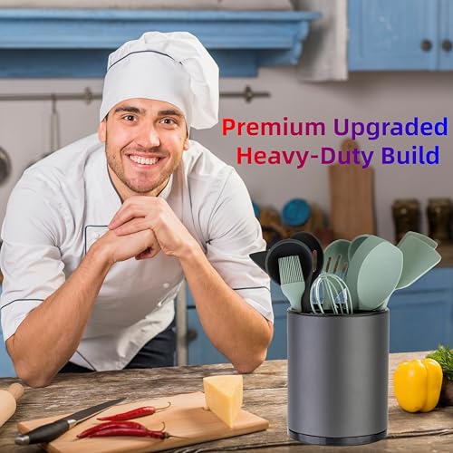 LIBODOUR Kitchen Utensil Holder Extra Large 360°Rotating For Counter Organizer Stainless Steel Storage Cooking Silverware Caddy 3 Compartment Flatware Spoon Spatula Tool Cutlery Container(Grey) - My Kitchen Products