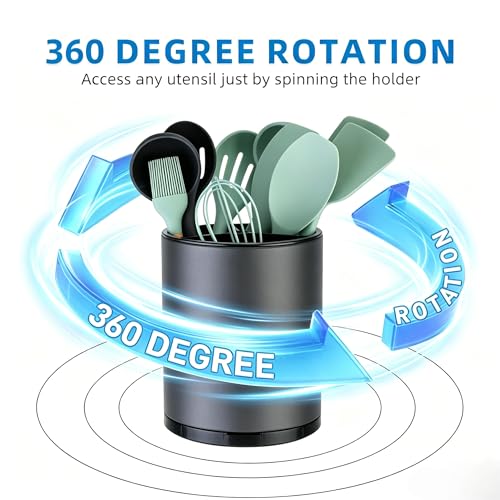 LIBODOUR Kitchen Utensil Holder Extra Large 360°Rotating For Counter Organizer Stainless Steel Storage Cooking Silverware Caddy 3 Compartment Flatware Spoon Spatula Tool Cutlery Container(Grey) - My Kitchen Products