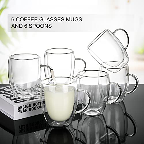 LIBWYS 6 Pack Double Walled Coffee Cups Glasses Mugs, 12oz Espresso Cappuccino Latte Tea Cups with Handle, Heat Resistant Borosilicate Clear Glasses 350ml - My Kitchen Products