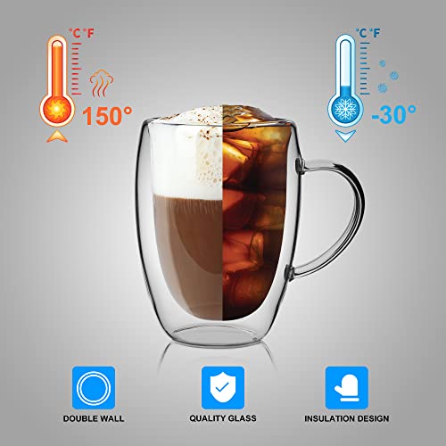 LIBWYS 6 Pack Double Walled Coffee Cups Glasses Mugs, 12oz Espresso Cappuccino Latte Tea Cups with Handle, Heat Resistant Borosilicate Clear Glasses 350ml - My Kitchen Products