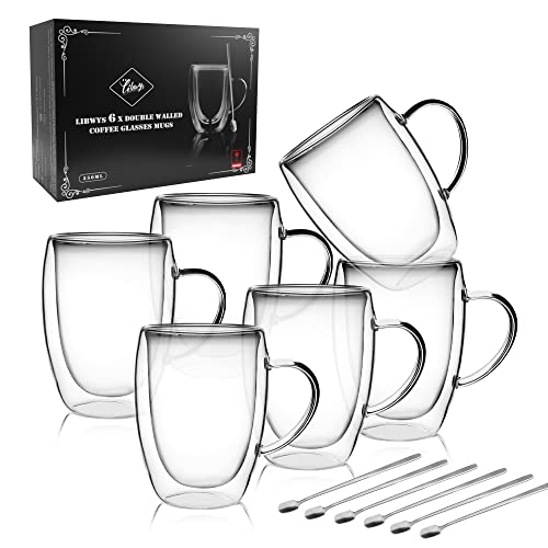 LIBWYS 6 Pack Double Walled Coffee Cups Glasses Mugs, 12oz Espresso Cappuccino Latte Tea Cups with Handle, Heat Resistant