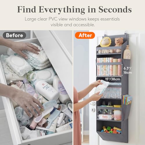 Lifewit 1 Pack Over the Door Organizer, 5 Section Clear Window Hanging Storage with 4 Side Pockets, Sturdy Anti Tilt 40 lbs Load Behind Door for Closet, Bedroom, Bathroom, Nursery, Dorm, Dark Gray - My Kitchen Products