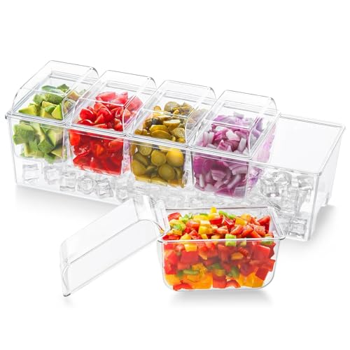 Lifewit Chilled Condiment Caddy with 5 x 20 oz Containers, Compact 15" Garnish Tray with Lids for Bartenders, Taco Bar Party