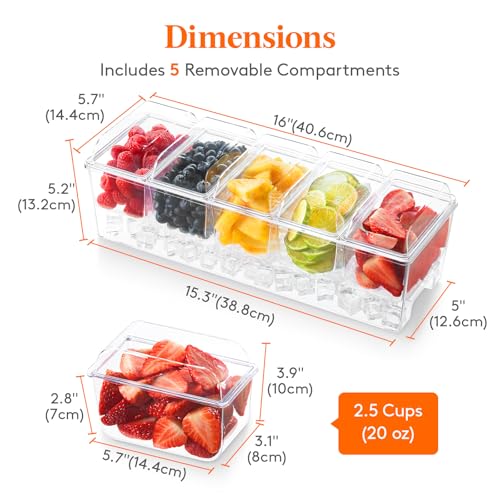 Lifewit Chilled Condiment Caddy with 5 x 20 oz Containers, Compact 15" Garnish Tray with Lids for Bartenders, Taco Bar Party Serving Set & Dirty Soda Bar Supplies, Ideal for Fruit, Salad, Toppings - My Kitchen Products