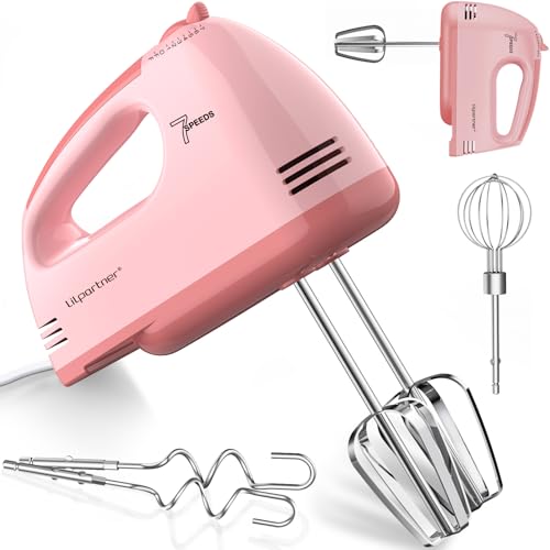 LILPARTNER Hand Mixer Electric, Ultra Power Kitchen Hand Mixer With 7-Speed & 5 Stainless Steel Accessories for Whipping Dough, Cream, Cake, Dishwasher Safe, Light Pink - My Kitchen Products