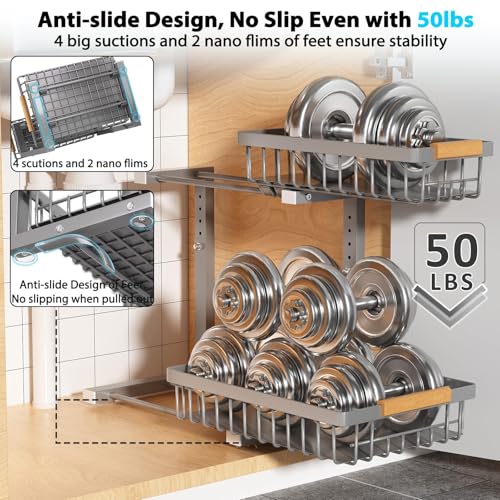 Liuoud Under Sink Organizer 2 Pack, 2 Tier Slide Out Large Capacity Height Adjustable Under Sink Organizers and Storage for Kitchen Bathroom Cabinet, Grey - My Kitchen Products