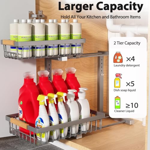 Liuoud Under Sink Organizer 2 Pack, 2 Tier Slide Out Large Capacity Height Adjustable Under Sink Organizers and Storage for Kitchen Bathroom Cabinet, Grey - My Kitchen Products