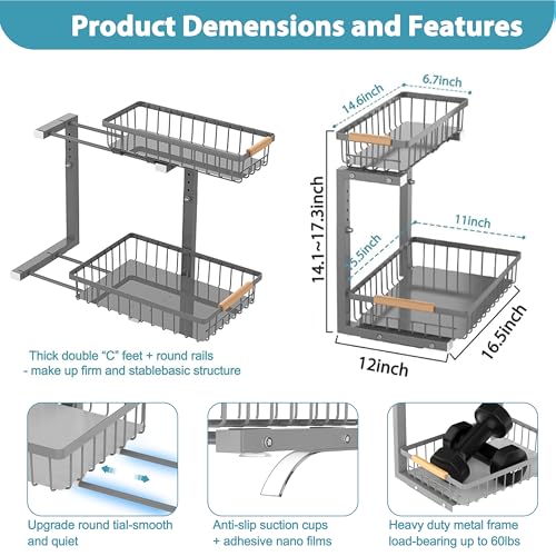 Liuoud Under Sink Organizer 2 Pack, 2 Tier Slide Out Large Capacity Height Adjustable Under Sink Organizers and Storage for Kitchen Bathroom Cabinet, Grey - My Kitchen Products