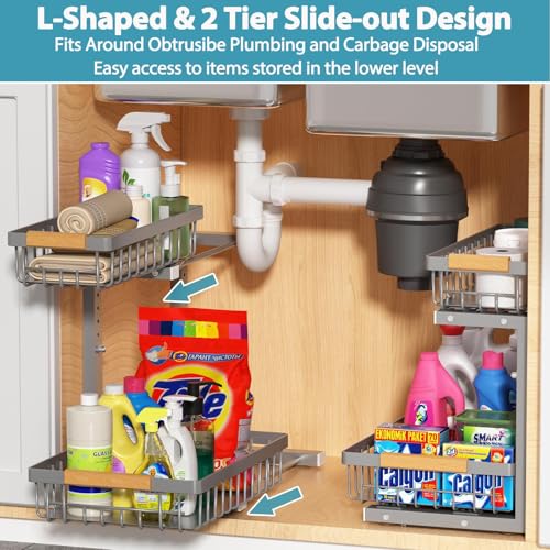 Liuoud Under Sink Organizer 2 Pack, 2 Tier Slide Out Large Capacity Height Adjustable Under Sink Organizers and Storage for Kitchen Bathroom Cabinet, Grey - My Kitchen Products