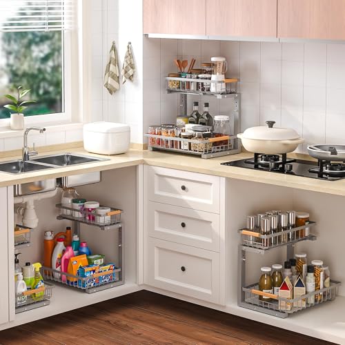 Liuoud Under Sink Organizer 2 Pack, 2 Tier Slide Out Large Capacity Height Adjustable Under Sink Organizers and Storage for Kitchen Bathroom Cabinet, Grey - My Kitchen Products
