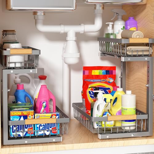 Liuoud Under Sink Organizer 2 Pack, 2 Tier Slide Out Large Capacity Height Adjustable Under Sink Organizers and Storage