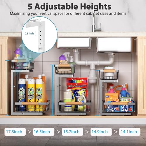 Liuoud Under Sink Organizer 2 Pack, 2 Tier Slide Out Large Capacity Height Adjustable Under Sink Organizers and Storage for Kitchen Bathroom Cabinet, Grey - My Kitchen Products