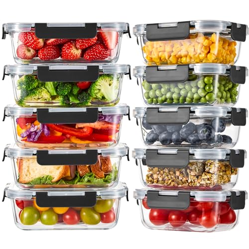 Liuruiyu 10 Pack Glass Food Storage Containers with Lids, Meal Prep Containers, Airtight Bento Boxes with Leak Proof Locking for Microwave, Oven, Freezer and Dishwasher, BPA Free - My Kitchen Products