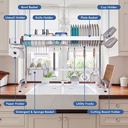 LIVOD Over The Sink Dish Drainer Drying Rack, 2 Tier Full Stainless Steel Storage Adjustable Length Kitchen Rack, Multifunctional Expandable Counter Organizer, Space Saver Dish Rack - My Kitchen Products