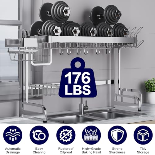 LIVOD Over The Sink Dish Drainer Drying Rack, 2 Tier Full Stainless Steel Storage Adjustable Length Kitchen Rack, Multifunctional Expandable Counter Organizer, Space Saver Dish Rack - My Kitchen Products