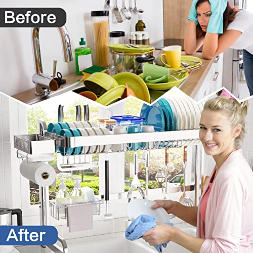 LIVOD Over The Sink Dish Drainer Drying Rack, 2 Tier Full Stainless Steel Storage Adjustable Length Kitchen Rack, Multifunctional Expandable Counter Organizer, Space Saver Dish Rack - My Kitchen Products
