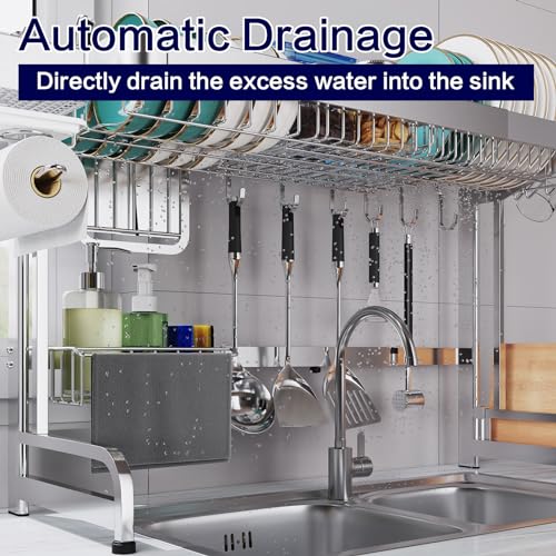 LIVOD Over The Sink Dish Drainer Drying Rack, 2 Tier Full Stainless Steel Storage Adjustable Length Kitchen Rack, Multifunctional Expandable Counter Organizer, Space Saver Dish Rack - My Kitchen Products
