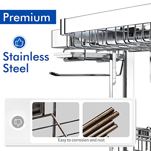 LIVOD Over The Sink Dish Drainer Drying Rack, 2 Tier Full Stainless Steel Storage Adjustable Length Kitchen Rack, Multifunctional Expandable Counter Organizer, Space Saver Dish Rack - My Kitchen Products