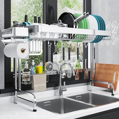 LIVOD Over The Sink Dish Drainer Drying Rack, 2 Tier Full Stainless Steel Storage Adjustable Length Kitchen Rack, Multifunctional Expandable Counter Organizer, Space Saver Dish Rack - My Kitchen Products