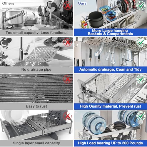LIVOD Over The Sink Dish Drying Rack,3 Tier Adjustable Length Full Stainless Steel Large Storage Kitchen Dish Rack,for Kitchen Counter Expandable Multifunctional Organizers,Silver (25.98-37.6") - My Kitchen Products