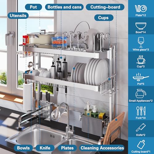 LIVOD Over The Sink Dish Drying Rack,3 Tier Adjustable Length Full Stainless Steel Large Storage Kitchen Dish Rack,for Kitchen Counter Expandable Multifunctional Organizers,Silver (25.98-37.6") - My Kitchen Products