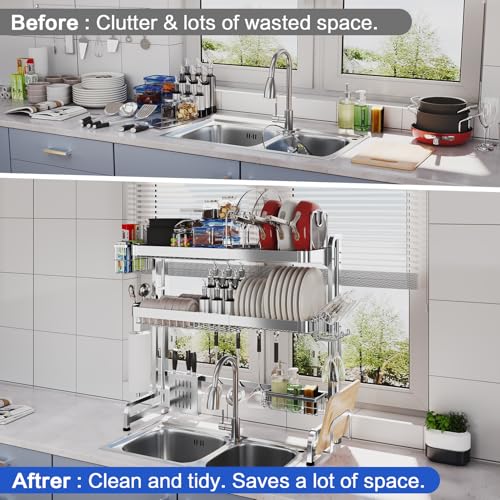 LIVOD Over The Sink Dish Drying Rack,3 Tier Adjustable Length Full Stainless Steel Large Storage Kitchen Dish Rack,for Kitchen Counter Expandable Multifunctional Organizers,Silver (25.98-37.6") - My Kitchen Products