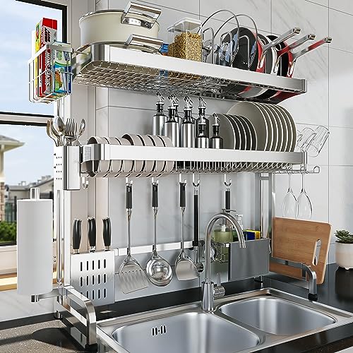 LIVOD Over The Sink Dish Drying Rack,3 Tier Adjustable Length Full Stainless Steel Large Storage Kitchen Dish Rack,for Kitchen Counter Expandable Multifunctional Organizers,Silver (25.98-37.6") - My Kitchen Products