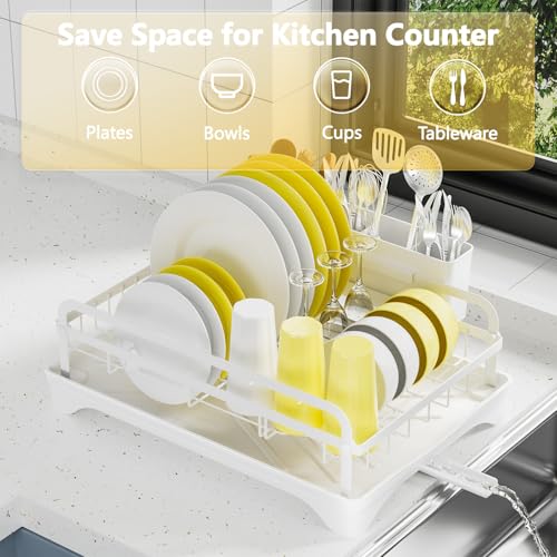 LIYI Dish Drying Rack for Kitchen Counter - Kitchen Dish Rack with Drainboard, Small Dish Drainer with Utensil Holder for Sink, 16.5" D x 11.6" W x 6.6" H, White - My Kitchen Products