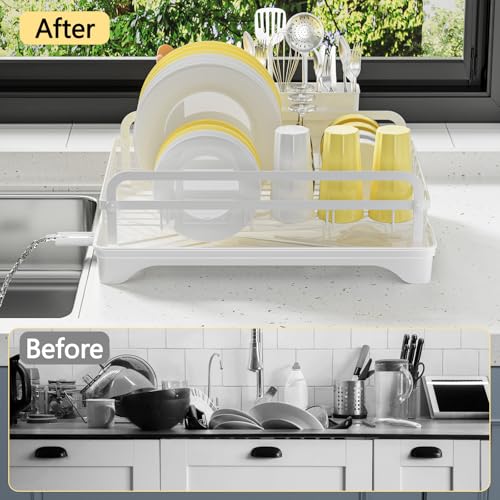 LIYI Dish Drying Rack for Kitchen Counter - Kitchen Dish Rack with Drainboard, Small Dish Drainer with Utensil Holder for Sink, 16.5" D x 11.6" W x 6.6" H, White - My Kitchen Products