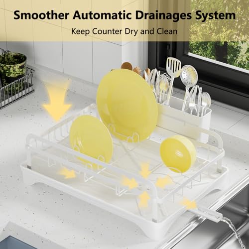 LIYI Dish Drying Rack for Kitchen Counter - Kitchen Dish Rack with Drainboard, Small Dish Drainer with Utensil Holder for Sink, 16.5" D x 11.6" W x 6.6" H, White - My Kitchen Products