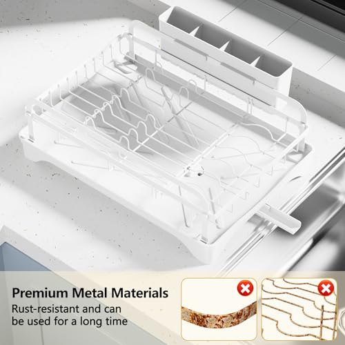 LIYI Dish Drying Rack for Kitchen Counter - Kitchen Dish Rack with Drainboard, Small Dish Drainer with Utensil Holder for Sink, 16.5" D x 11.6" W x 6.6" H, White - My Kitchen Products