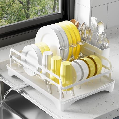 LIYI Dish Drying Rack for Kitchen Counter - Kitchen Dish Rack with Drainboard, Small Dish Drainer with Utensil Holder for Sink, 16.5" D x 11.6" W x 6.6" H, White - My Kitchen Products