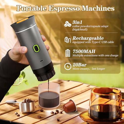 Lmozim Portable Espresso Maker, Travel Coffee Maker for camping, Portable Espresso Machine with USB-C, 3-in-1 Small Espresso Machine with Ground Coffee & Capsules (NS＆DG) for RV, Hiking (Grey) - My Kitchen Products