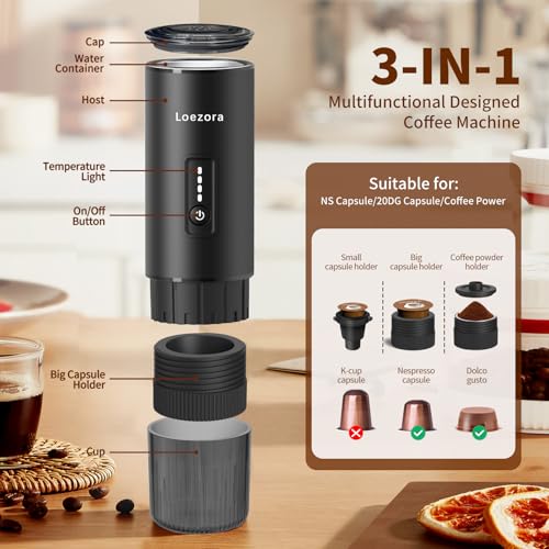 Loezora Portable Espresso Machine, 20Bar Self‑Heating & Cold Brew Coffee Maker, Rechargeable 7500mAh, 3‑in‑1 for Nespresso & Ground Coffee, Travel Coffee Machine for Camping Car (Black) - My Kitchen Products
