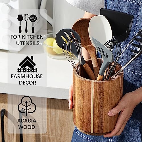 LOHONER Acacia Wood Utensil Holder, 360° Rotating, Large Countertop Organizer, Farmhouse Kitchen Decor - My Kitchen Products