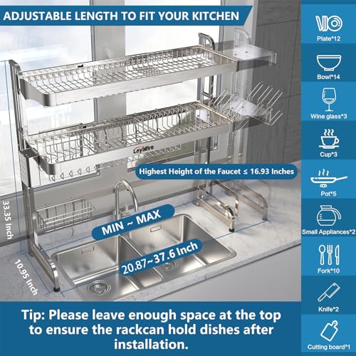 Loyalfire Over Sink Dish Drying Rack, 3 Tier Adjustable Length (20.87'' to 37.6'') Full Stainless Steel Large Storage Kitchen Dish Rack, Expandable Drainer Shelf Rack with Multifunctional Organizers - My Kitchen Products