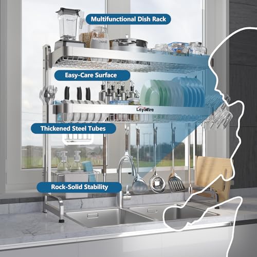 Loyalfire Over Sink Dish Drying Rack, 3 Tier Adjustable Length (20.87'' to 37.6'') Full Stainless Steel Large Storage Kitchen Dish Rack, Expandable Drainer Shelf Rack with Multifunctional Organizers - My Kitchen Products