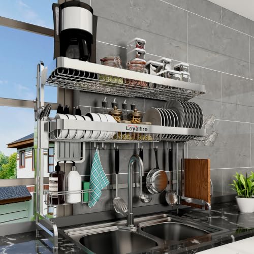 Loyalfire Over Sink Dish Drying Rack, 3 Tier Adjustable Length (20.87'' to 37.6'') Full Stainless Steel Large Storage Kitchen Dish Rack, Expandable Drainer Shelf Rack with Multifunctional Organizers - My Kitchen Products