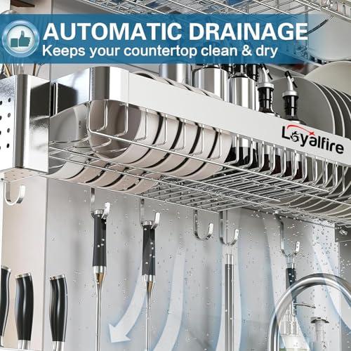 Loyalfire Over Sink Dish Drying Rack, 3 Tier Adjustable Length (20.87'' to 37.6'') Full Stainless Steel Large Storage Kitchen Dish Rack, Expandable Drainer Shelf Rack with Multifunctional Organizers - My Kitchen Products