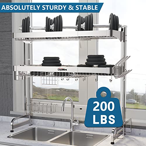 Loyalfire Over Sink Dish Drying Rack, 3 Tier Adjustable Length (20.87'' to 37.6'') Full Stainless Steel Large Storage Kitchen Dish Rack, Expandable Drainer Shelf Rack with Multifunctional Organizers - My Kitchen Products