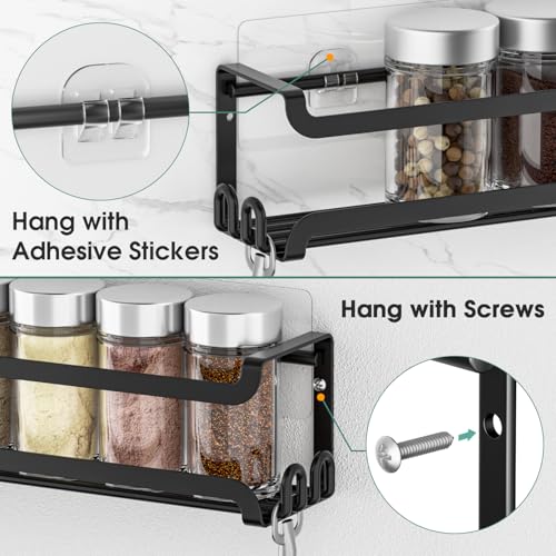 LUCYCAZ 2 Pack Wall Mounted Spice Rack with 8 Hooks, Spice Organizer Shelf for Stove Cabinet Pantry Door,Screw or Adhesive Spice Shelf Hanging Wall Spice Rack in Kitchen and RV (Black, 2 PACK) - My Kitchen Products