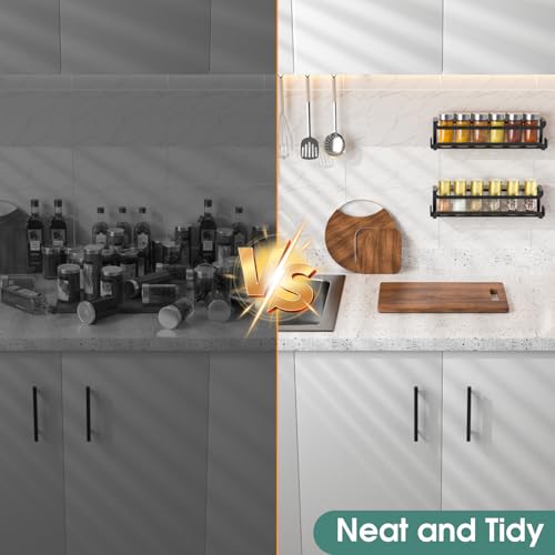 LUCYCAZ 2 Pack Wall Mounted Spice Rack with 8 Hooks, Spice Organizer Shelf for Stove Cabinet Pantry Door,Screw or Adhesive Spice Shelf Hanging Wall Spice Rack in Kitchen and RV (Black, 2 PACK) - My Kitchen Products