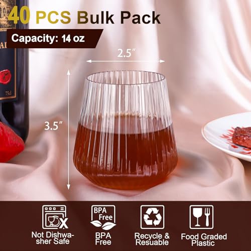 Lueumxc 40 Pack Plastic Ribbed Wine Glasses, 14Oz Origami Disposable Wine Glasses Unbreakable Clear Plastic Cocktail Glasses Recyclable Shatterproof Reusable Wine Cups (14oz 40pack) - My Kitchen Products